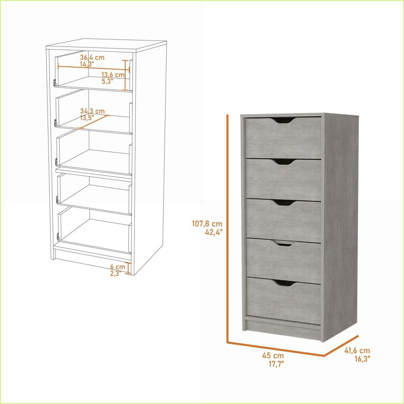 Commode, commode haute étroite à 5 tiroirs Dillon | Gris béton | Bois d'ingénierie, Beige