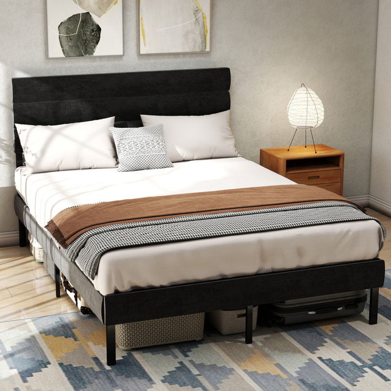 Base de lit tapissier grand format avec tête de lit, aucun sommier requis, rangement sous le lit 14 po, Grand lit