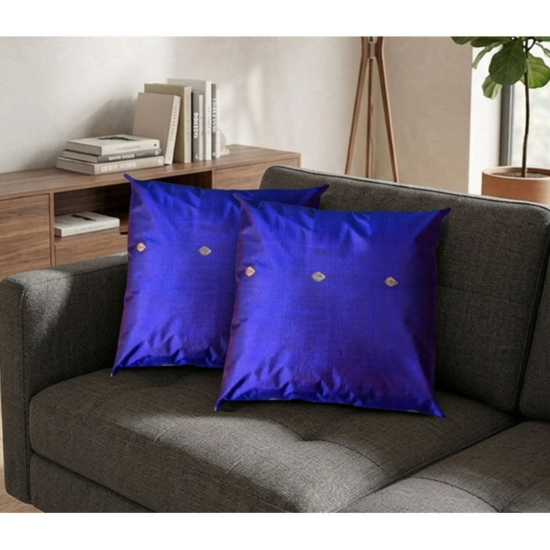 Housses de coussin décoratives faites à la main écologiques de 16 po x 16 po en soie unie bleu d'intérieur, paquet de 2
