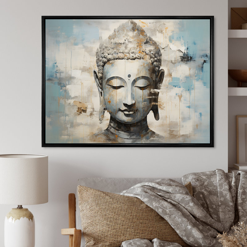 Simple Bouddhism Statue III - Bouddhisme, art mural, H 30 po x l 40 po x P 1,5 po, Cadre flottant noir