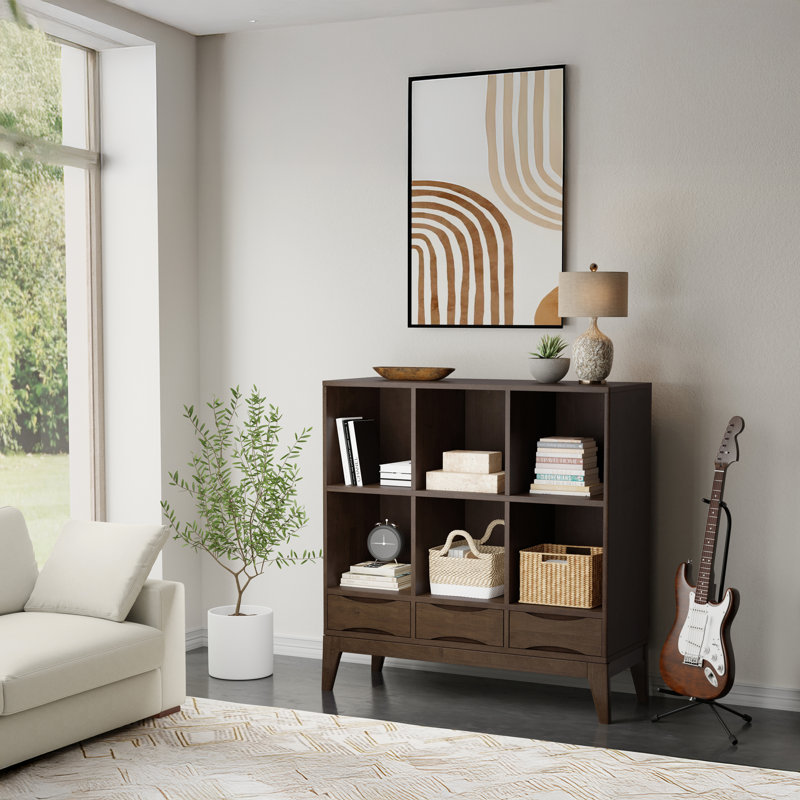 Harper 43"H Solid Wood Mid-Century Modern 6-Cube Bookcase with Drawers, Tapered Legs and Open Cubbies