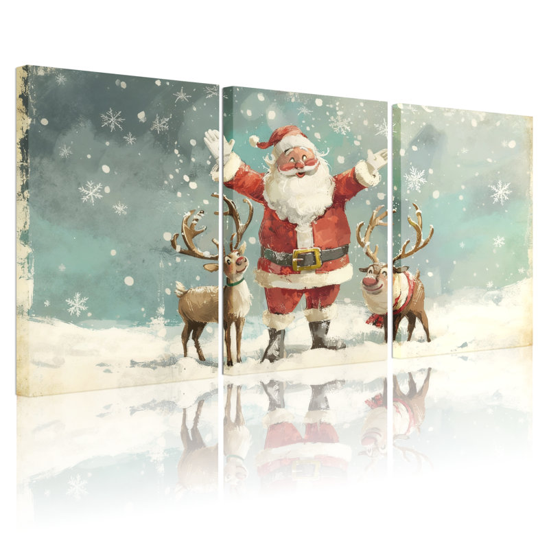 Ensemble de 3 impressions sur toile de Noël, père Noël et renne dans la neige, H 18 po x l 36 po