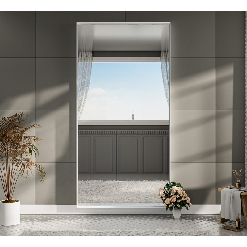 Miroir mural français en verre trempé et en alliage d'aluminium, Blanc, 72 po x 36 po