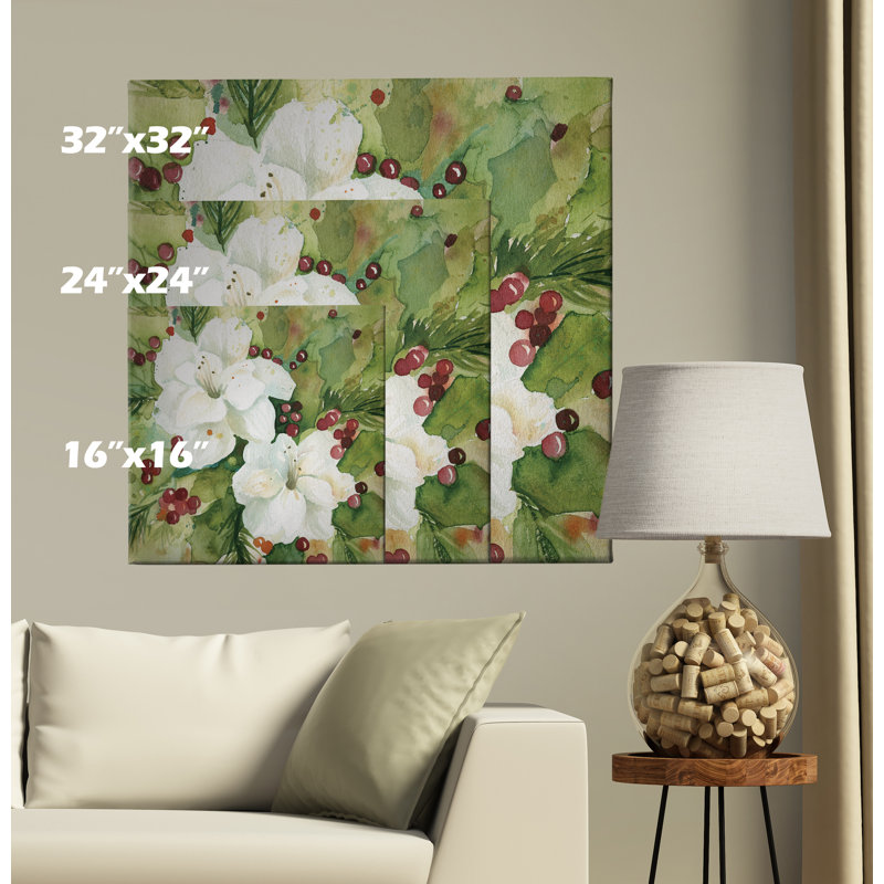 Watercolor Holly Christmas Canvas Print, 24" x 24"