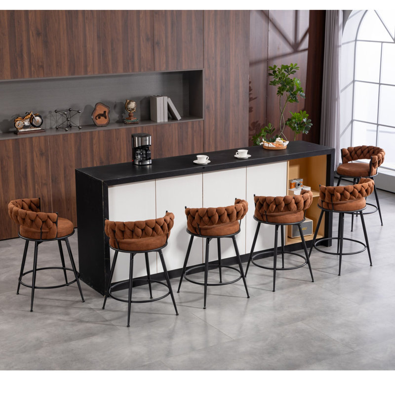 24" Counter Height Bar Stools Set of 6 - 360° Swivel with Suede Fabric & Modern Woven Design, Backrest & Footrest for Kitchen Cafe Pub