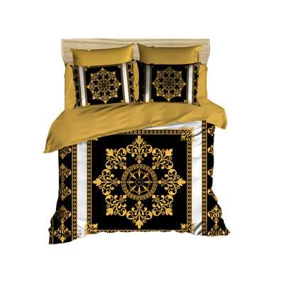 Ensemble de housse de courtepointe Luxury King, noir et or, 94,5 po x 86,6 po | 100% polyester de polyester et 100% coton | Lavable à la machine, fermeture à glissière, 2 taies d'oreiller incluses | Conception d'impression 3D élégante pour un décor de chambre à coucher élégant