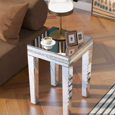 Elegant Glass Mirrored Corner Table, Adjustable Legs, Crystal Element For Versatile Use Stylish Silver Decoration, An Appearance
