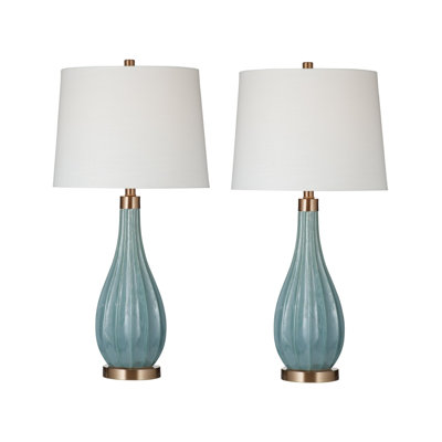 Modern Coastal Aqua Glass Table Lamp Set of 2 with White Linen Shades, 30" Tall