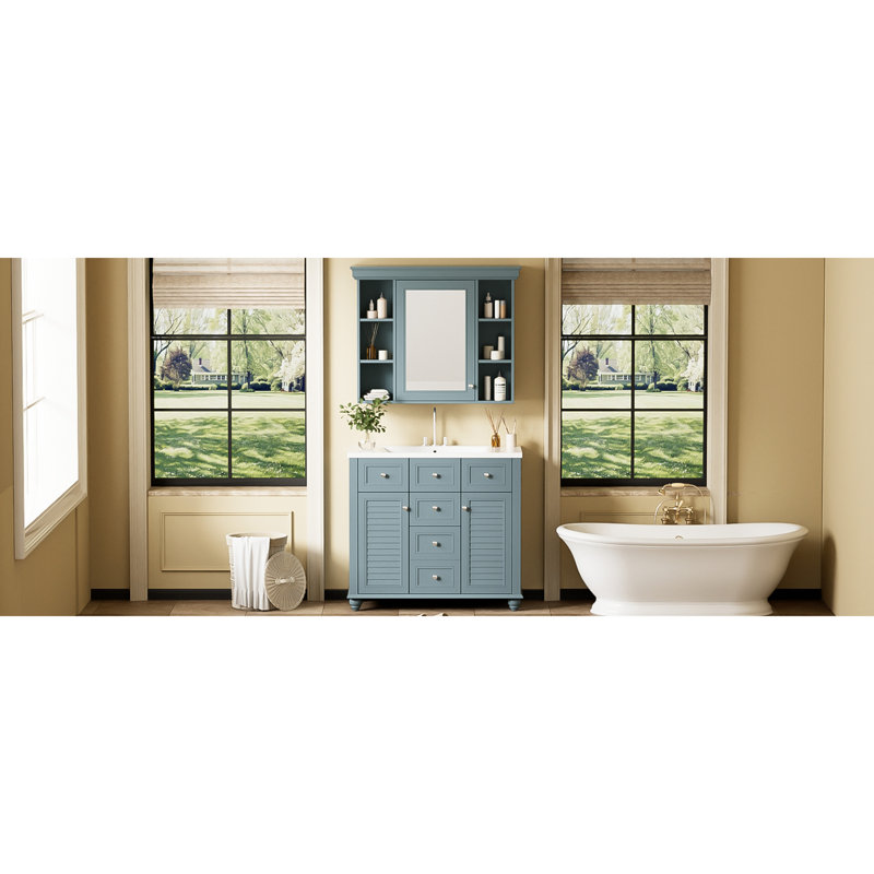 Meuble-lavabo 36 po avec armoire à pharmacie, armoire à miroir moderne, armoire de rangement avec 2 portes et 2 tiroirs