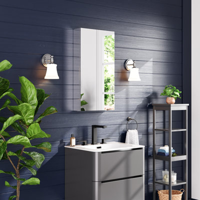 Armoire de salle de bain moderne sans cuivre anti-déflagrante, charnières à fermeture en douceur Blum, tablettes en verre réglables, fixation murale ou encastrée, porte à deux vues