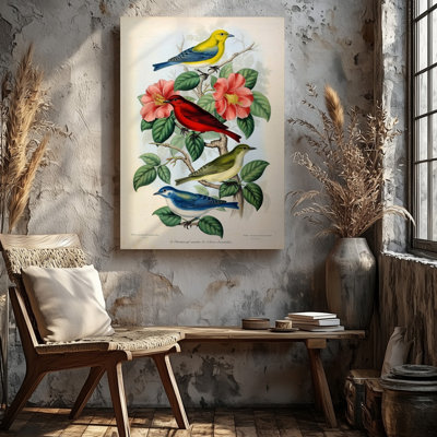 Toile, une magnifique illustration détaillée mettant en vedette quatre oiseaux vibrants perchés sur un mur, une branche délicate ornée d'une toile verte
