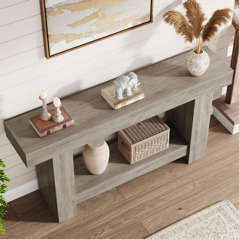 Console de vestibule, table de vestibule à 2 niveaux Farmhouse, canapé d'appoint long derrière le canapé avec rangement ouvert pour l'entrée, salon, couloir, gris clair, 63 po