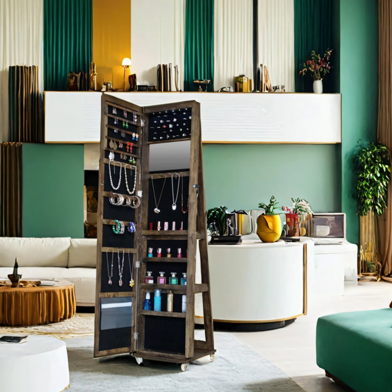 Armoire à bijoux avec lumières DEL qui pivotent sur 360 ° et comprend un miroir pleine longueur