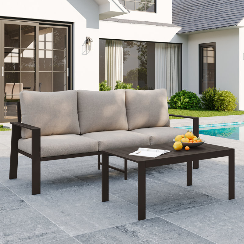 Aluminum Outdoor  3 Person Patio Sofa With Coffee Table, Beige