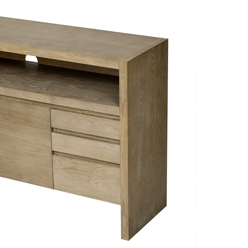 Buffet 60 po 3 portes moderne avec 3 tiroirs, panneau de fibres à densité moyenne plaqué frêne, tablette semi-ouverte et grande armoire de rangement pour le salon, le couloir ou la salle à manger