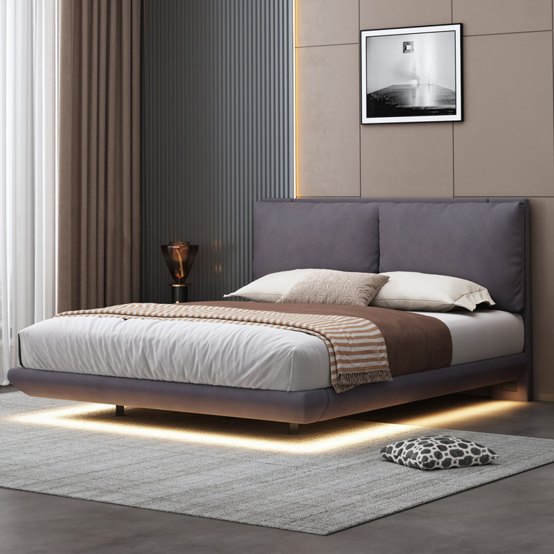 Lit plateforme avec 2 ensembles de ports USB et de prises, Gris, Double