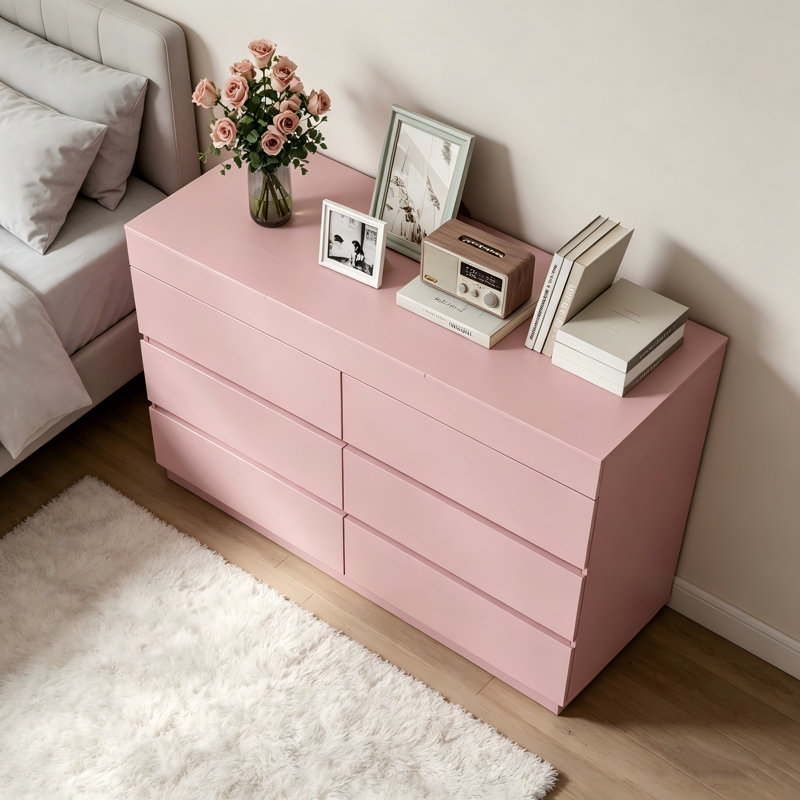 Commode rose à 6 tiroirs avec miroir rabattable, commode en panneau de particules de mélamine 12 mm de qualité P2, armoire de rangement de maquillage pour chambre à coucher 47,24 po x 15,75 po x 33,66 po