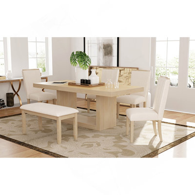 Ensemble de table de salle à manger à rallonge 6 pièces 78 po Contemporary avec rallonge amovible de 18 po et banc de salle à manger, 4 chaises de salle à manger rembourrées, naturel