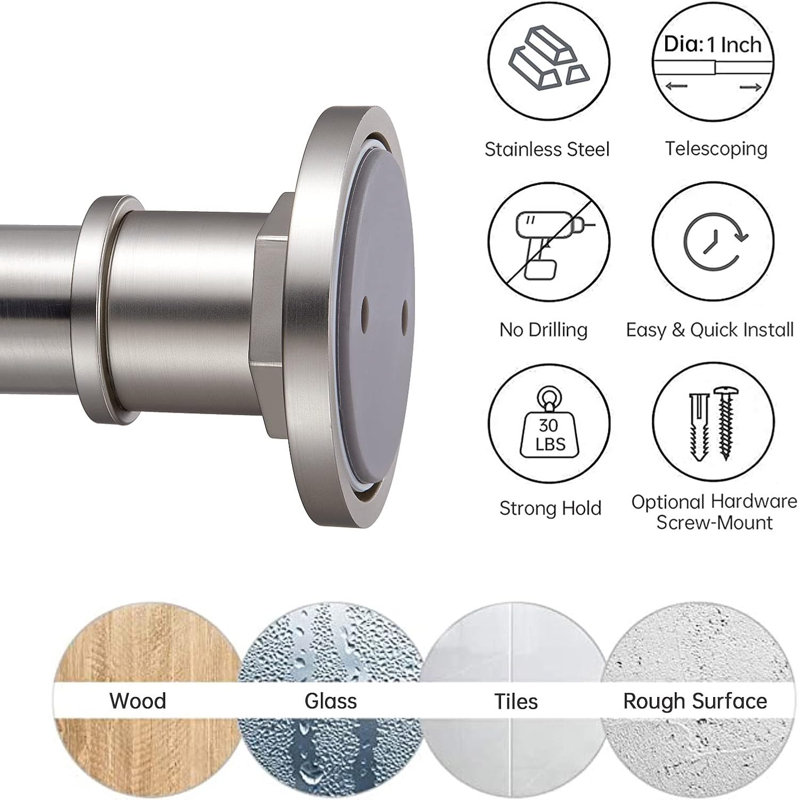 Brushed Nickel Industrial Tension Shower Curtain Rod 43-72 Inch