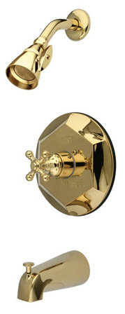 Volume Control Tub and Shower Faucet with Buckingham Cross Handles, Polished Brass
