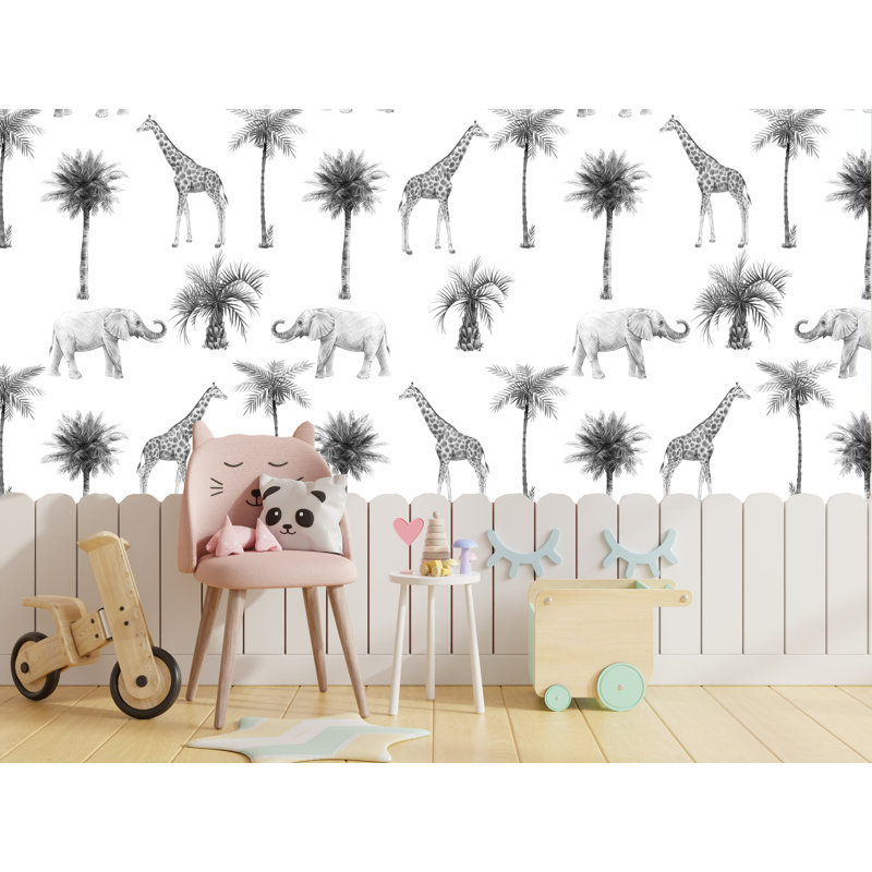 Papier peint amovible safari girafe et éléphant