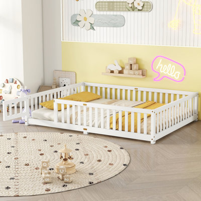 Queen Size Kids Floor Bed with Safety Rails and Door, Low Profile Pine Wood Bed for Independent Sleep, White