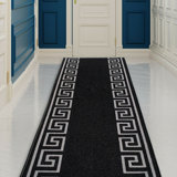 Leesville Custom Size Runner Rug 31 Inch Wide Choose Your Length Greek Key Meander Design Black Silver Color