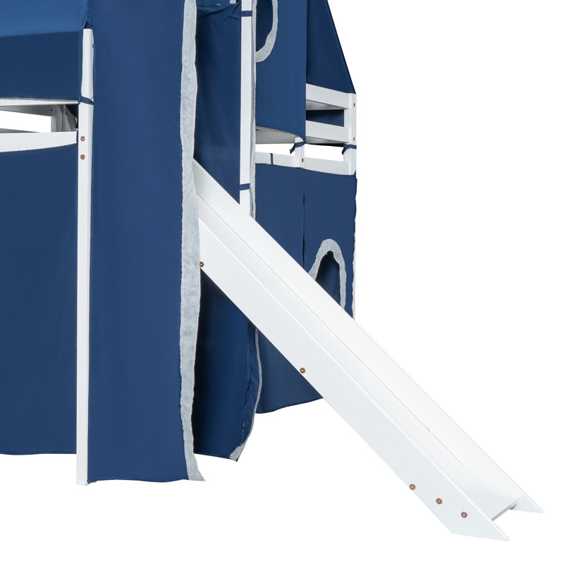 Lit mezzanine double avec tente et tour, conception de château, Bleu, Lit double