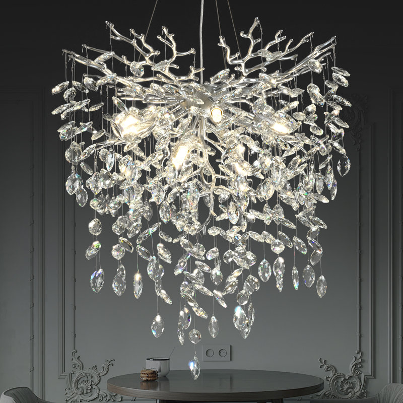 Dimmable K9 Crystal Round Tree Branches Chandeliers with Crystal Accents, Silver, 31.5" H x 31.5" W x 31.5" D