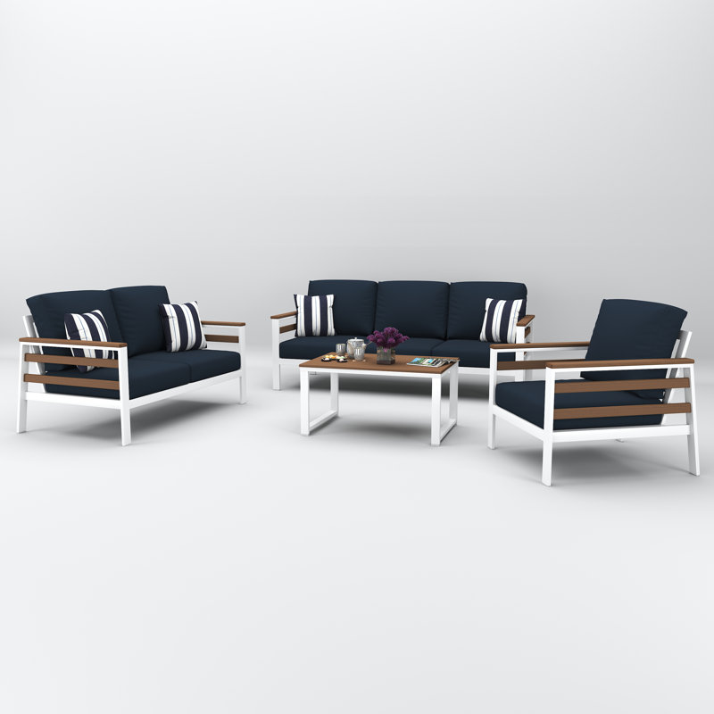 Ensemble de conversation Townsend pour 4 personnes avec coussins Sunbrella, Toile bleu marine, Brun