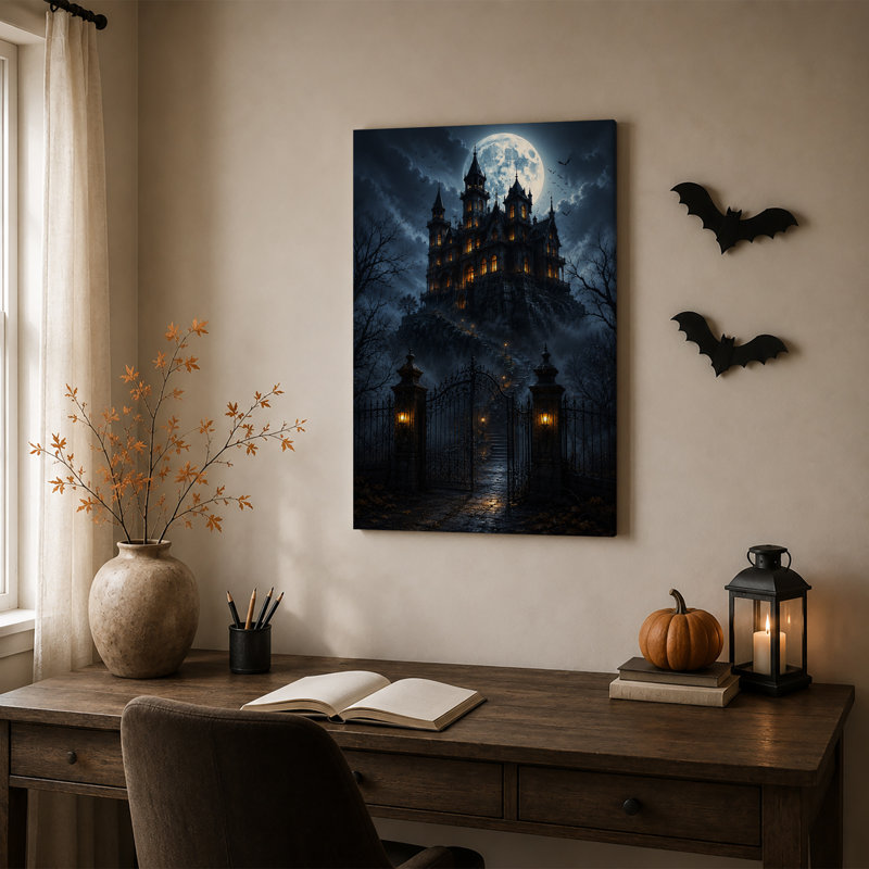 Art mural sur toile, "Gothic Castle on Rocky Hill Under Full Moon", H 24 po x l 16 po