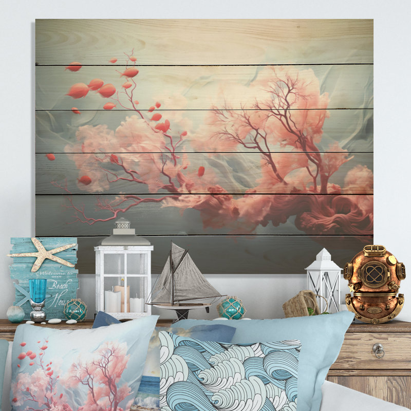 Pink Sea Whip Elegance I - Coastal Coral Under Water Wood Wall Art On Natural Pine Wood, 10" H x 20" W
