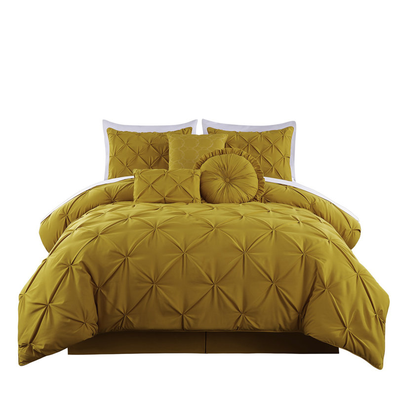 Sydney Pintuck Microfiber 7 Piece Comforter Set, Mustard Yellow, King Comforter + 6 Additional Pieces