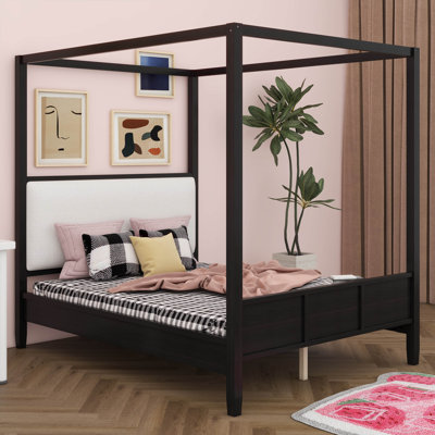 Canopy Bed With Upholstered Headboard, Wood Platform Bed With 4 Posters, No Box Spring Needed