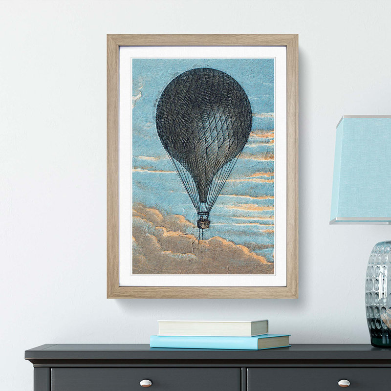 Hot Air Balloon Flying High - Picture Frame Painting Print on MDF, 36cm H x 27cm W x 2cm D, Oak Framed