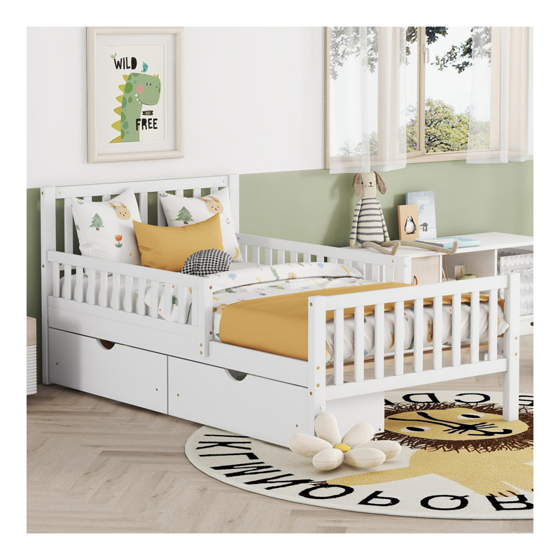 Lit plateforme simple en bois avec garde-corps des deux côtés et deux tiroirs de rangement, blanc, Lit simple, Blanc