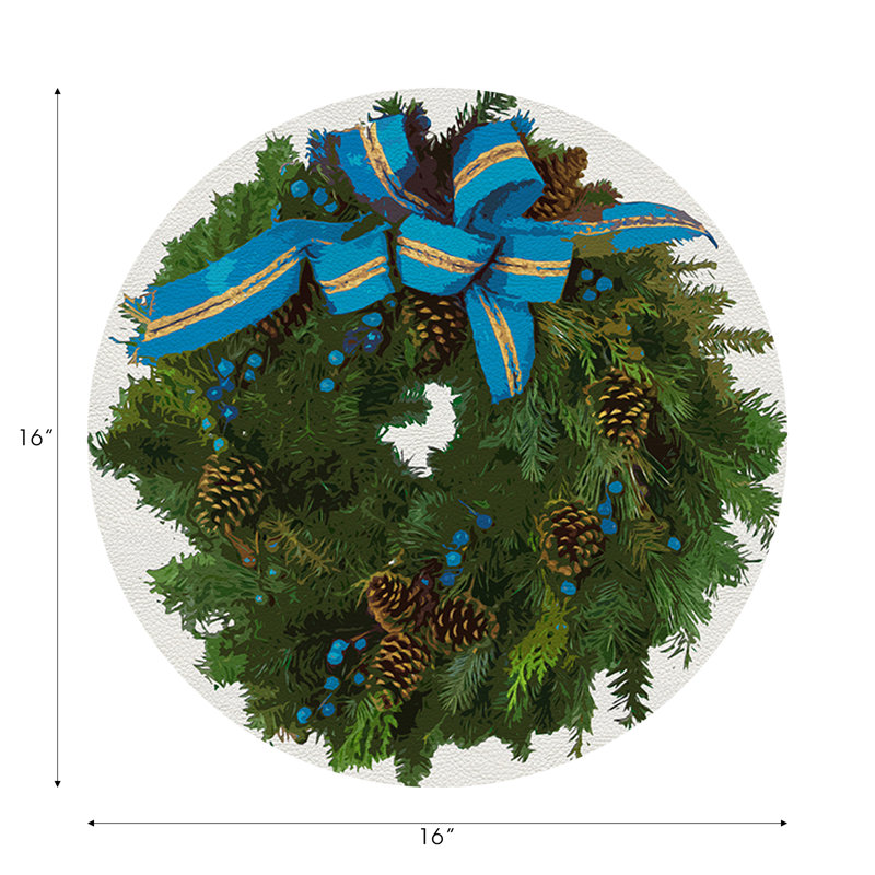 Christmas Wreath Vegan Leather Round Pebble Placemat, White Cerulean