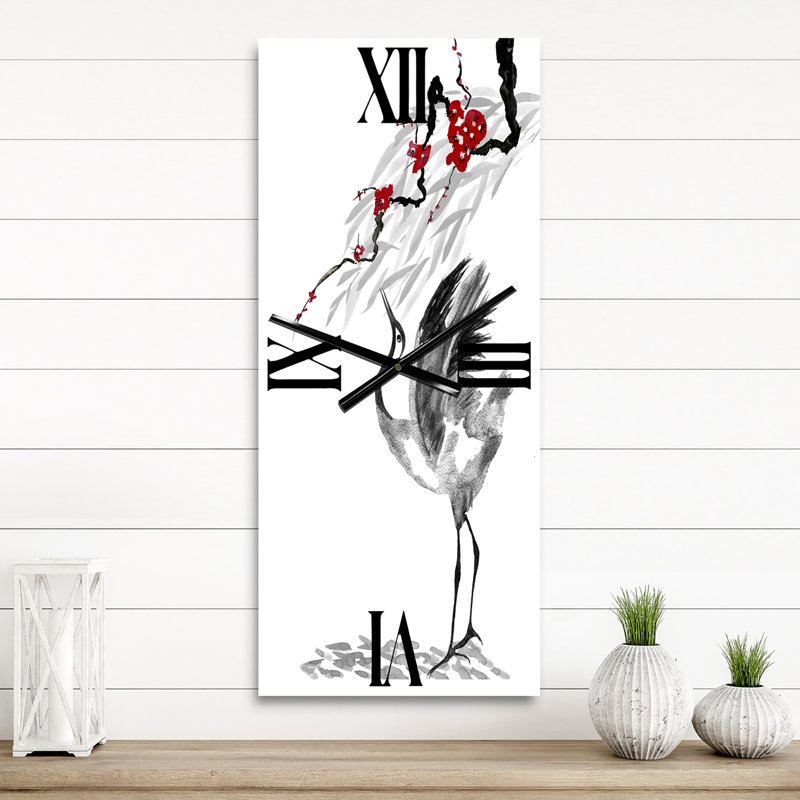 Dessin d'une grue japonaise avec fleurs rouges - Horloge murale traditionnelle, Grand