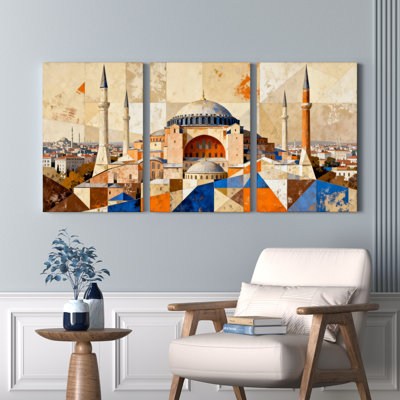 Geometric Istanbul Mosque Canvas Wrapped Wall Art, Oil Painting Print (Set of 3)