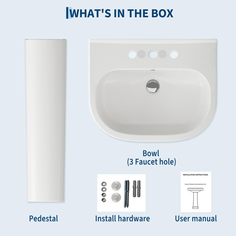 Lavabo de salle de bain blanc rectangulaire à piédestal en céramique avec dosseret, trop-plein et 3 trous de robinet pour un espacement de 8 pouces