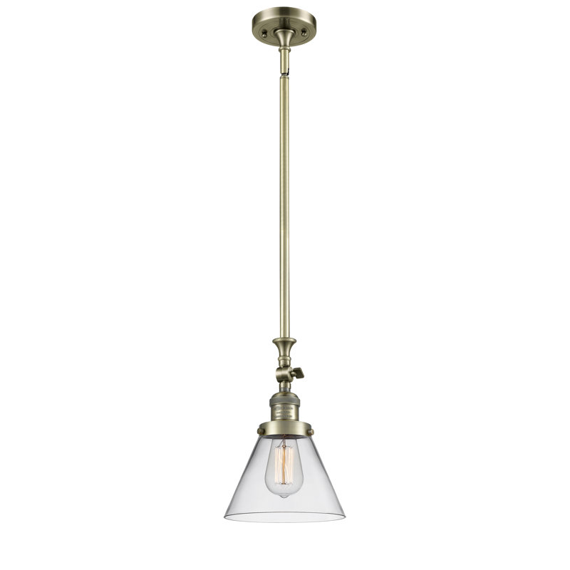 Luminaire suspendu conique à 1 lumière Harbert, Laiton antique, Transparent, Ampoule incandescente rétro de 60 watts