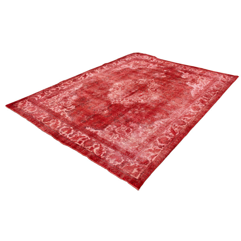 Tapis décoratif en laine rouge de conception unique noué à la main des années 1990 9 pi 10 po x 12 pi 7 po Cathyjo