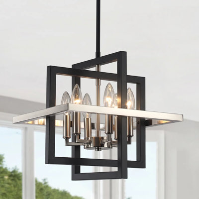 Mercer41 6 - Light Dimmable Industrial Square/Rectangle Geometric Candle Style Chandelier with Metal Cage for Dining Room, Kitchen Island, Foyer, Hallway
