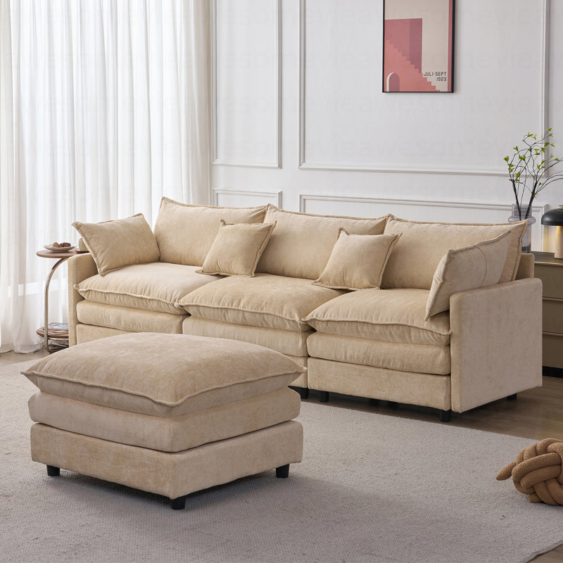 Canapé modulaire de 105 po en tissu de chenille rembourré doux, canapé 3 places avec repose-pieds en L, Chenille café clair