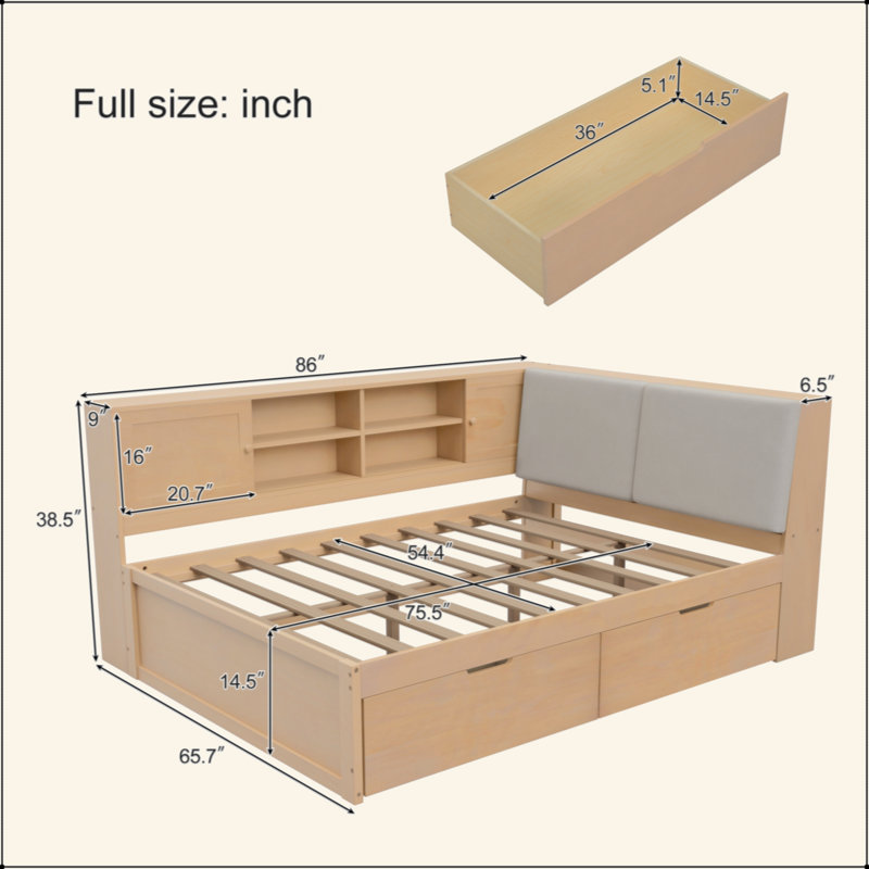 Lit de coin en L en bois avec tiroirs sous le lit avec bibliothèque de rangement et tête de lit tapissier et ports de chargement USB pour un espace limité