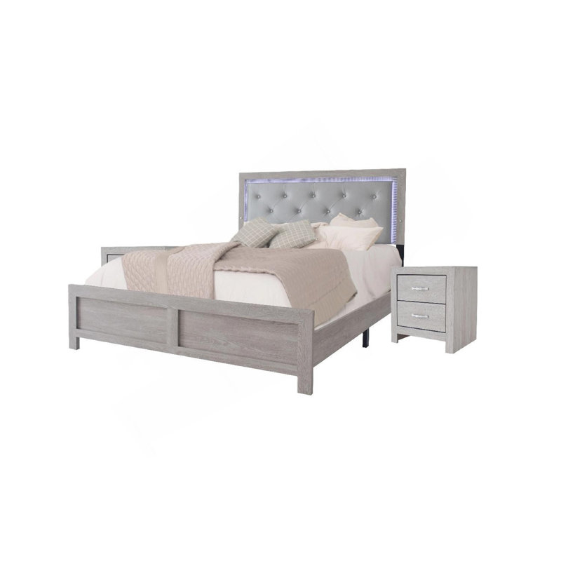 Lit à panneau grand moderne 1Pc avec éclairage de tête de lit avec revêtement en similicuir beige capitonné, Beige