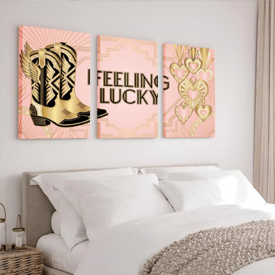 Bottes et cœurs de Golden Cowboy, impression sur toile tendue, impression sur toile, ensemble de 3