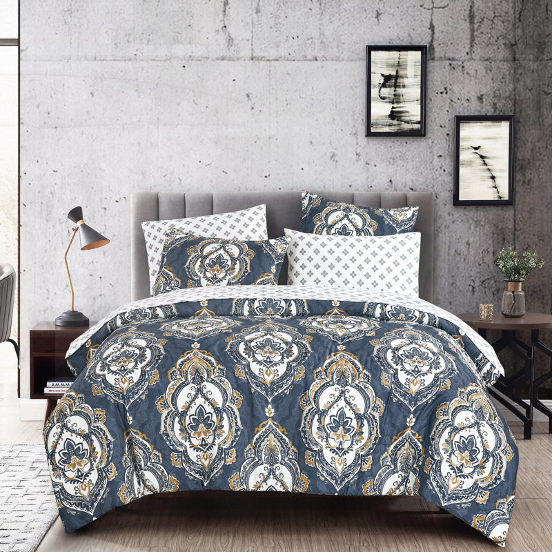 Ensemble de literie à imprimé damassé bleu marine et doré - Collection d'édredon et de draps tout-en-un, simple TG