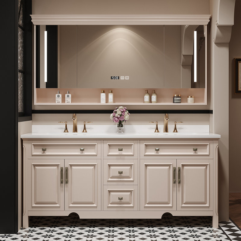 Armoire de salle de bain intelligente de style américain, Beige, 63"