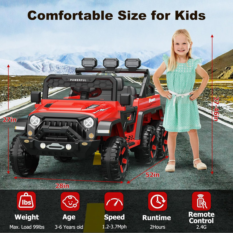 6 roues 24 V pour enfants, voitures électriques 4WD, télécommande, 3 vitesses, audio sans fil et lumières DEL, Rouge